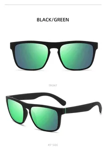 Detailed view of black polarized sports sunglasses with green mirrored lenses and side texture.