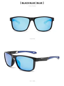 Polarized sports sunglasses with black frames and blue lenses shown from two angles.