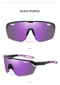Sports cycling sunglasses with purple lenses and black frames shown in multiple views