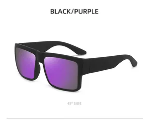 Close-up of black square sports polarized sunglasses with purple mirrored lenses