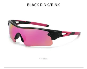 45-degree side view of black and pink sports cycling sunglasses with pink tinted lenses