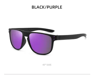 45-degree side view of black frame sports sunglasses with purple mirrored lenses.