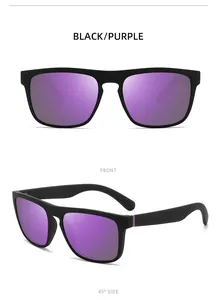 Front and side view of black polarized sports sunglasses with purple mirror lenses