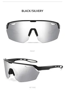 Front and side view of black sports sunglasses with silver mirrored lenses for cycling.