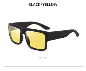 Side view of square frame polarized sunglasses with black frame and yellow lenses
