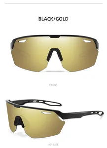 Detailed front and 45-degree side views of black and gold UV400 sports cycling sunglasses