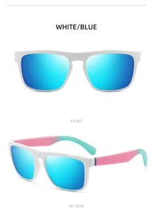 Front and 45-degree side views of white polarized sports sunglasses with blue lenses.