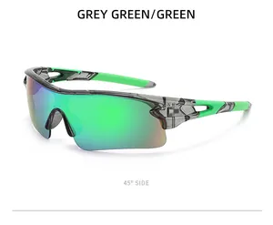Detailed 45-degree side view of grey-green outdoor cycling sunglasses with green lens