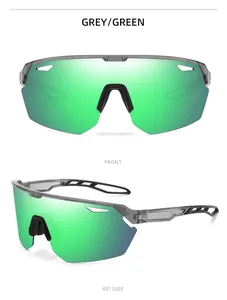 Front and side views of green sports sunglasses for outdoor cycling and running