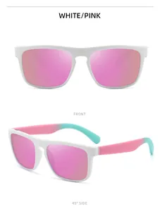 Detailed view of white sports sunglasses with pink mirrored lenses and textured arms.