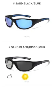 Detail view of polarized sports sunglasses in blue and photochromic lens options.