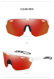 Outdoor sports cycling sunglasses with red mirrored lenses, front and side detail views