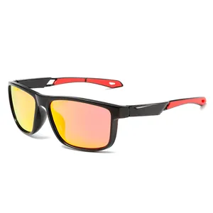 Polarized sports sunglasses with square black frame and orange mirrored lenses for cycling.