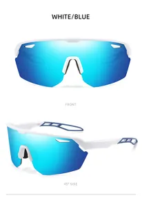 Detail views of white and blue sports sunglasses for outdoor cycling and racing gear