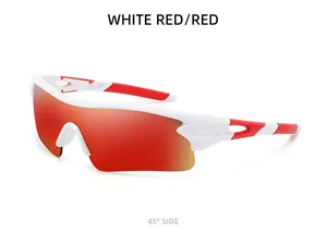 45-degree side view of white and red cycling sports sunglasses with mirrored lenses