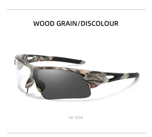 Detail of cycling sunglasses with wood grain frame and UV protective lenses, 45 degree view.
