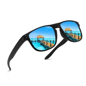 Polarized sport sunglasses with blue mirrored lenses and UV protection for outdoor driving.
