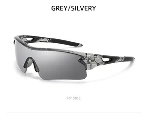 Side view of grey and silvery sports cycling sunglasses with UV protection for outdoor