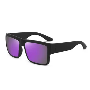 Sport polarized sunglasses with square frame and purple mirrored lenses for outdoor cycling