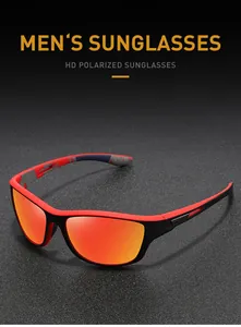 Detailansicht der Sportsonnenbrille mit rotem Rahmen und orangefarbenen Polgläsern.