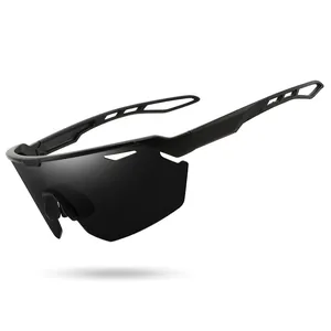 Sleek matte black sports cycling sunglasses with full UV protection and wraparound shield lens