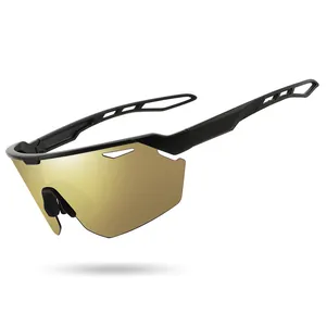 Wrap-around sports sunglasses with golden reflective lenses for outdoor cycling use