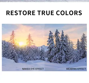 Polarized lens performance comparison showing true color restoration in a snowy landscape