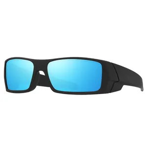 Détail de lunettes de soleil de sport polarisées avec verres miroirs bleus et monture noire