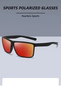 Close-up of sports polarized sunglasses with orange mirrored lenses and matte black frame