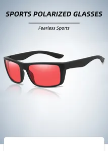 Close-up of sports style glasses featuring black frames and vibrant red lenses
