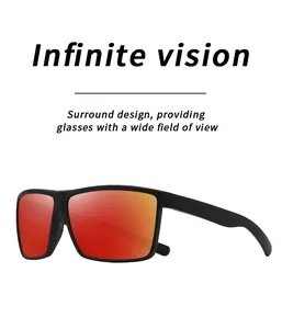 Sporty rectangular sunglasses with red mirrored lenses and surround design