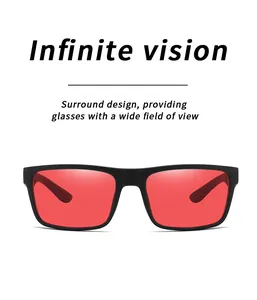 Detail of sleep glasses with red lenses and black square frame for blue light blocking
