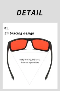 Close-up of black sleep glasses with red lenses showing comfortable embracing design detail.