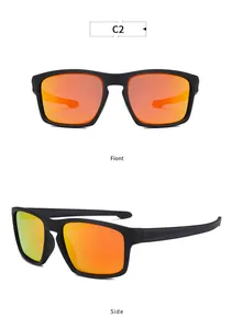 Detailed view of polarized sports sunglasses with orange mirrored lenses.