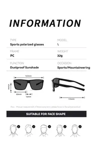 Detailed technical dimensions and specifications for professional black sports polarized sunglasses
