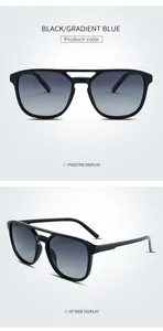 Vue détaillée de lunettes de soleil carrées noires avec verres bleus dégradés