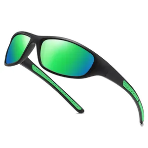Polarized sports sunglasses with green mirrored lenses and matte black frame for outdoor