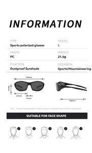 Spécifications détaillées et tableau des dimensions pour lunettes de soleil de sport.