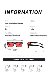 Dimensions and specification details of sports polarized sunglasses with red lenses.