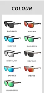 Visual guide showcasing various frame and lens color options for polarized sports sunglasses.
