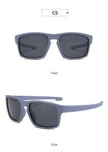 Detailed front and side views of matte blue frame polarized sports sunglasses for cycling