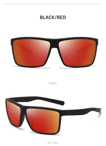Front and side views of black square frame sports sunglasses with red polarized lenses