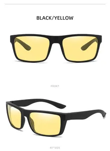 Detail views of black rectangular frame glasses with yellow anti-blue light lenses
