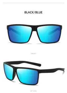 Front and 45-degree side views of black sports sunglasses with blue mirror lenses