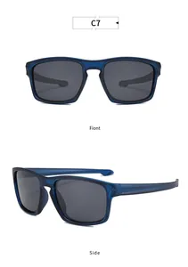 Detailed front and side views of translucent blue polarized sport sunglasses for men