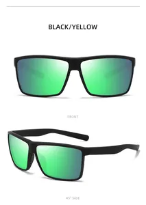 Front and 45-degree side views of black square polarized sports sunglasses with green lenses.