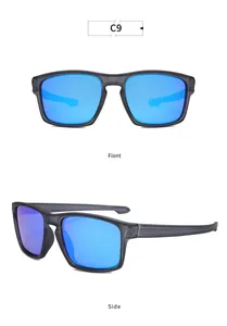 Front and side views of polarized sports sunglasses with blue mirrored lenses