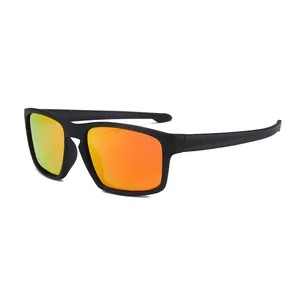 Black polarized sports sunglasses with orange mirrored lenses for cycling and fishing