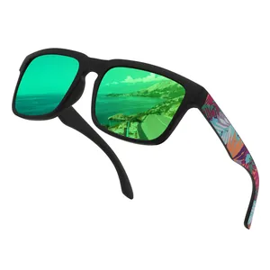 Lunettes de soleil de sport polarisées carrées avec verres miroirs verts et branches à fleurs