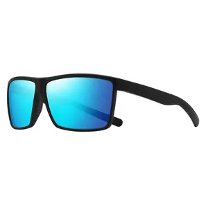 Outdoor sports polarized sunglasses with blue mirrored lenses and square black frame